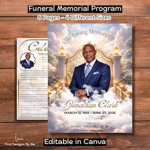 Puede incluir: Programa conmemorativo fúnebre con el texto "Funeral Memorial Program" y "8 Pages - 4 Different Sizes". El programa presenta una foto de un hombre con traje con el texto "In Loving Memory Of" y "Jonathan Clark". El programa incluye fechas y detalles del evento.