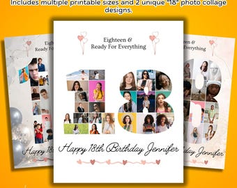 18th Birthday Gifts for Her & Him | Number 18 Photo Collage Template | Editable Picture Collage in Canva | 18 Photo Gift
