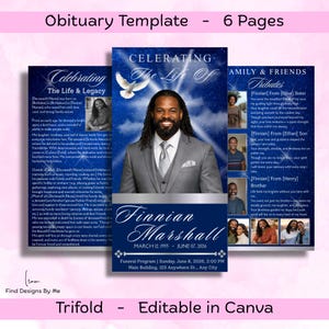 May include: A trifold obituary template with a blue and white design. The cover features a photo of a man, the name "Finnian Marshall," and dates. Inside, there are tributes and a biography. The template is editable in Canva.
