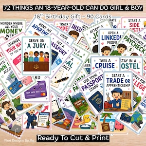 May include: A collection of 90 cards titled 72 THINGS AN 18-YEAR-OLD CAN DO GIRL & BOY, featuring colorful illustrations and text for an 18th birthday gift. Each card displays various life milestones like serving on a jury, starting a trade, or getting a passport, with cartoon characters and icons.