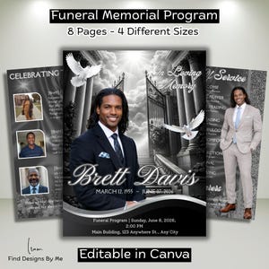 Puede incluir: Un programa conmemorativo fúnebre con el texto "Funeral Memorial Program" y "8 Pages - 4 Different Sizes". El programa presenta una foto de un hombre, palomas y el texto "Brett Davis". El programa también incluye las fechas "MARCH 12, 1955 - JUNE 07, 2026".