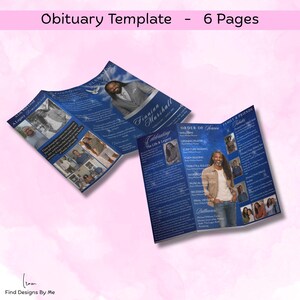 Puede incluir: Una plantilla de obituario azul y blanco con el texto "Obituary Template - 6 Pages". La plantilla incluye fotos, texto y el nombre "Finnian Marshall". El dise&ntilde;o presenta un tema celestial.