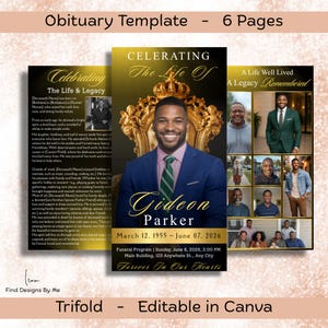 Puede incluir: Una plantilla de obituario tríptico con un diseño dorado y negro. El panel central presenta una foto de un hombre con traje, con el nombre "Gideon Parker" y fechas. Paneles adicionales incluyen texto y fotos, con las palabras "Celebrating The Life Of" y "Forever In Our Hearts".