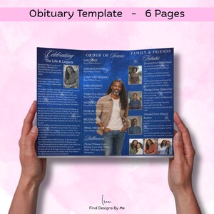 Puede incluir: Una plantilla de obituario plegable en tres partes con un fondo celeste azul y blanco. La plantilla incluye secciones para el orden del servicio, los homenajes familiares y la vida y el legado del difunto. El texto "Obituary Template - 6 Pages" est&aacute; en la parte superior.