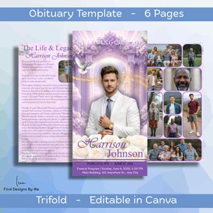 Puede incluir: Una plantilla de obituario tríptico con un diseño suave en morado y blanco. La portada presenta una foto de un hombre con traje blanco, el nombre "Harrison Johnson" y fechas. Incluye fotos familiares y texto. La plantilla es editable en Canva.