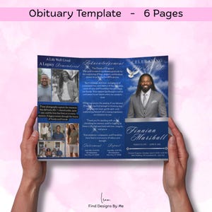 Puede incluir: Una plantilla de obituario plegable en tres partes con un dise&ntilde;o azul y blanco. La plantilla incluye fotos, texto y el nombre "Finnian Marshall". El texto incluye "A Legacy Remembered" y "Celebrating the Life of".