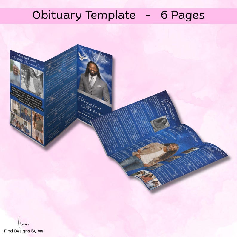 Puede incluir: Una plantilla de obituario azul con una foto de un hombre con traje. La plantilla incluye el texto "Obituary Template - 6 Pages", "Celebrating The Life & Legacy" y "Finnian Marsh". La plantilla tambi&eacute;n incluye fotos del difunto.
