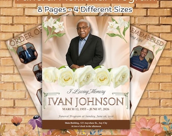 May include: Funeral memorial program with the text "Funeral Memorial Program" and "8 Pages - 4 Different Sizes". The program features a photo of a man, white roses, and the text "I Loving Memory" and "IVAN JOHNSON".