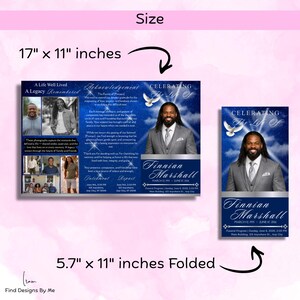 Puede incluir: Un programa conmemorativo con un dise&ntilde;o azul y blanco. El programa incluye una foto de un hombre, texto y las palabras "Celebrating the Life Of Finnian Marshall". El programa mide 43,18 x 27,94 cm desplegado y 14,48 x 27,94 cm plegado.