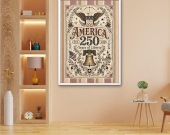 アメリカ建国250周年記念プリント | 250周年記念ウォールアート | 自由の国愛国装飾 | ファームハウス風ウォールアート