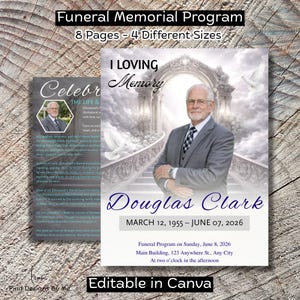 May include: A funeral memorial program with the text "Funeral Memorial Program" and "I Loving Memory". The program features a photo of a man named Douglas Clark, with his birth and death dates. The program is 8 pages and 4 different sizes.