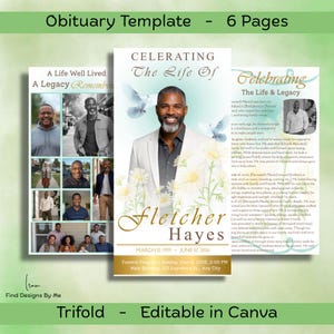 Puede incluir: Una plantilla de obituario tríptico con un retrato de un hombre, margaritas y palomas. El texto dice "Celebrando la vida de Fletcher Hayes" con fechas y un programa fúnebre. La plantilla es editable en Canva.
