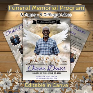 May include: A funeral memorial program with the text "Funeral Memorial Program" and "8 Pages - 4 Different Sizes". The program features a photo of a man with angel wings, the text "Oscar Davis", and memorial details. The words "Editable in Canva" are also present.