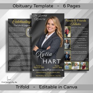 May include: A trifold obituary template with a photo of a woman in a gray suit. The design includes text that reads "Celebrating The Life & Legacy" and "In Loving Memory." The template is editable in Canva.