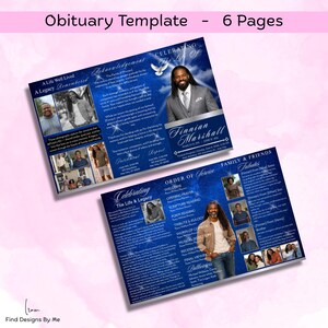 Puede incluir: Una plantilla de obituario de dos p&aacute;ginas con un dise&ntilde;o celeste azul y blanco. La plantilla incluye fotos, texto y el nombre "Finnian Marshall". El texto incluye "Obituary Template - 6 Pages", "A Life Well Lived A Legacy Remembered" y "Celebrating The Life & Legacy."