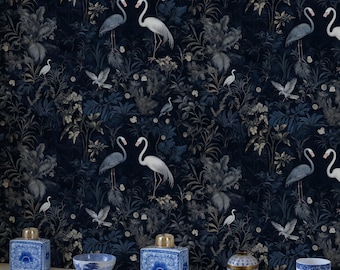 Blauwe chinoiserie-vogelbehang, donkere botanische flamingo bloemenmuurschildering, Peel-and-Stick behang, verwisselbaar muurdecor, donkere botanische muurschildering