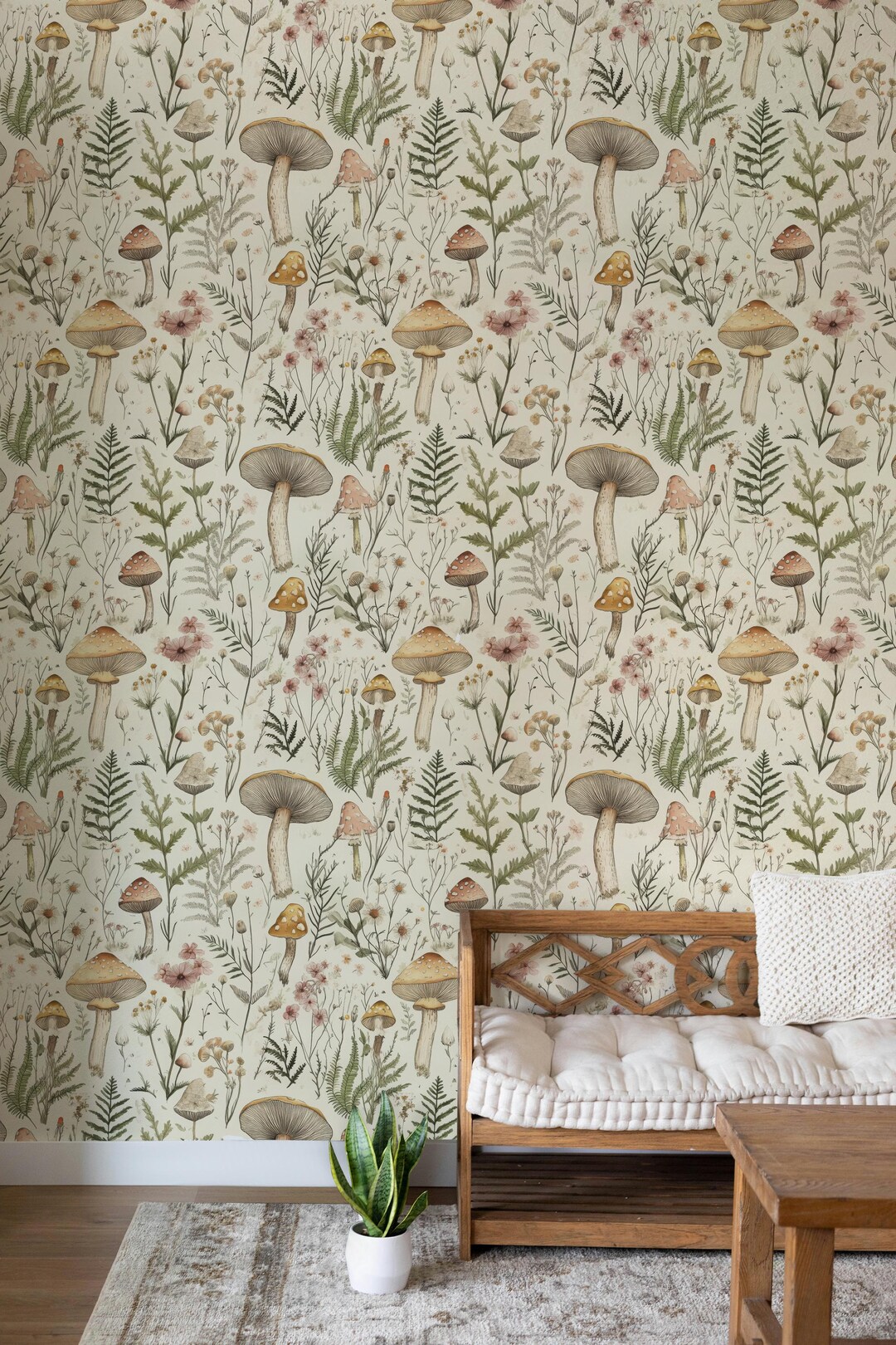 Botanical Mushroom Wallpaper Forest Pattern Nature Inspired Wall Decor ...