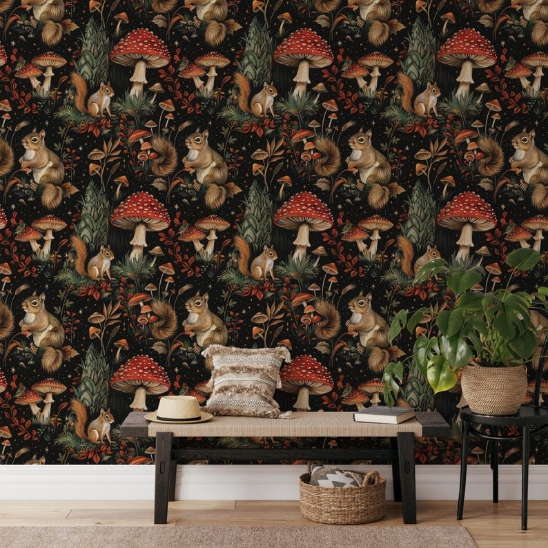 Dark Mushroom Wallpaper: Botanical Garden Peel and Stick Mural - Etsy
