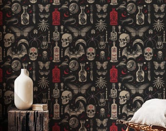 Dark Skull Wallpaper, Gothic Peel and Stick Wallpaper, Traditional Wall Mural, Removable Deco