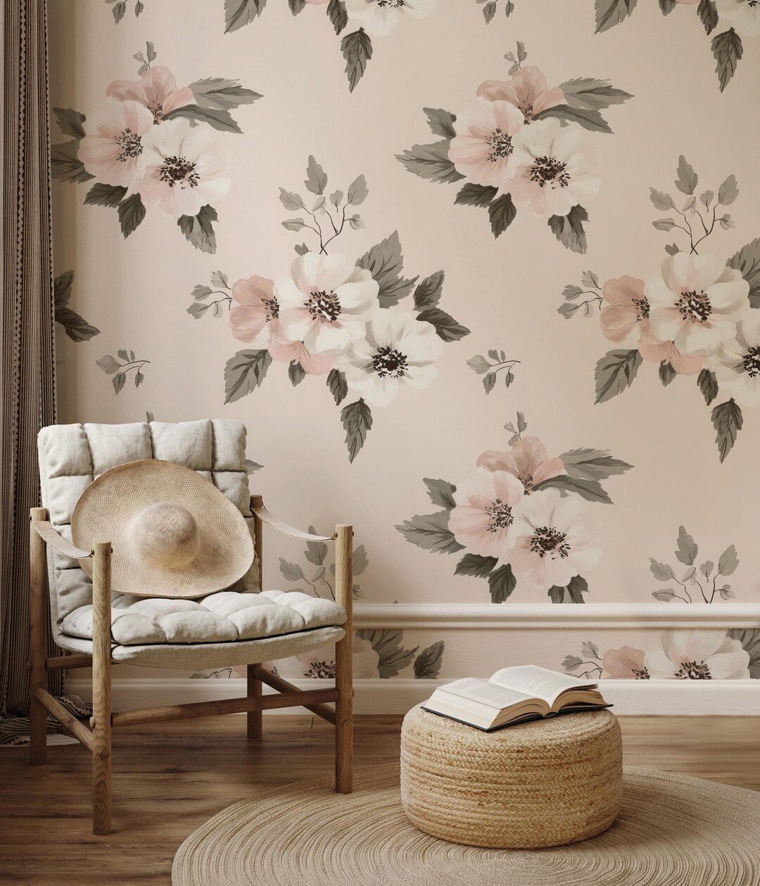 Pink Peony Vintage Floral Wallpaper, Shabby Chic Wall Mural, Peel and ...