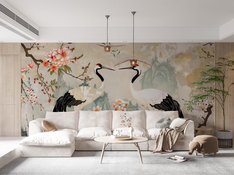 Chinoiserie Crane Wallpaper, Vintage Floral Wall Mural, Peel and Stick ...