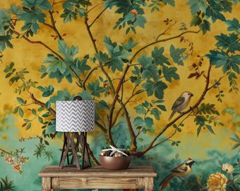 Vintage Chinoiserie Wallpaper, Birds & Botanical Peel and Stick Wallpaper Mural, Bird Wall Mural, Moody Yellow Botanical Decor, Non-Woven