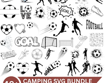 May include: A collection of over 40 black and white vector illustrations featuring soccer balls, players in motion, goal nets, and the text GOAL, LOVE, and FOOTBALL. The graphics include silhouettes, line art, and dynamic action scenes of soccer.