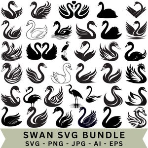 Może przedstawiać: Kolekcja czarno-białych wzorów łabędzi w różnych pozach i stylach. Obraz zawiera tekst "SWAN SVG BUNDLE" oraz opcje typów plików: SVG, PNG, JPG, AI i EPS. Projekty obejmują proste sylwetki i szczegółowe ilustracje.