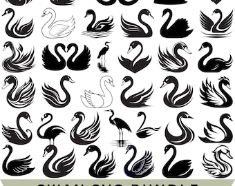May include: A collection of black and white swan designs in various poses and styles. The image includes the text "SWAN SVG BUNDLE" and file type options: SVG, PNG, JPG, AI, and EPS. The designs range from simple silhouettes to detailed illustrations.