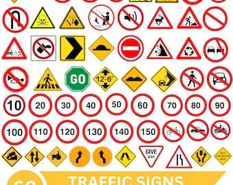 May include: A collection of 60 traffic signs in a digital bundle, featuring various regulatory, warning, and informational symbols in red, yellow, white, and black. The graphic includes speed limits, prohibition signs, and road hazard warnings.