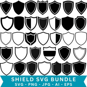 Könnte beinhalten: Eine Sammlung von schwarzen und weißen Schilddesigns in verschiedenen Formen und Stilen. Das Bild enthält eine Vielzahl von Schildkonturen, gefüllten Schilden und Schilden mit Innendesigns. Der Text "SHIELD SVG BUNDLE" wird unten zusammen mit Dateitypinformationen angezeigt.