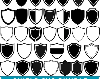 May include: A collection of black and white shield designs in various shapes and styles. The image includes a variety of shield outlines, filled shields, and shields with internal designs. The text "SHIELD SVG BUNDLE" is displayed at the bottom, along with file type information.