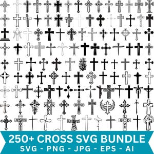 May include: A collection of over 250 cross designs in various styles, including simple, ornate, and detailed. The crosses are in black and white, with a variety of shapes and embellishments. The image includes the text "250+ CROSS SVG BUNDLE".