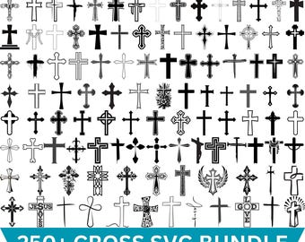 Puede incluir: Una colección de más de 250 diseños de cruces en blanco y negro, con diversos estilos y detalles. La imagen incluye el texto "250+ CROSS SVG BUNDLE", ideal para proyectos de diseño digital.