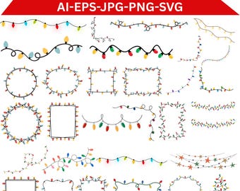 May include: A digital collection of Christmas lights graphics featuring various arrangements including straight strings, circular, square, and rectangular frames, and a tree shape, with text reading CHRISTMAS LIGHTS AI-EPS-JPG-PNG-SVG.