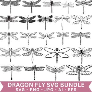 May include: A collection of black and white dragonfly illustrations in various styles. The image includes detailed line drawings and outlines of dragonflies, with a banner at the bottom that reads "DRAGON FLY SVG BUNDLE".
