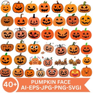 Może przedstawiać: Kolekcja ponad 40 pomarańczowych dyń na Halloween z różnymi wyrzeźbionymi wyrazami twarzy, w tym uśmiechniętymi, strasznymi i uroczymi wzorami, ułożonymi w siatkę. Dolny baner zawiera tekst 40+ PUMPKIN FACE AI-EPS-JPG-PNG-SVGI.