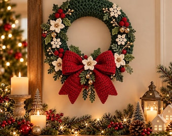 May include: A circular crochet wreath in dark green featuring a large red crocheted bow at the bottom. The wreath is decorated with white crocheted flowers, white snowflakes, clusters of red berries, and small gold bells attached to green foliage.