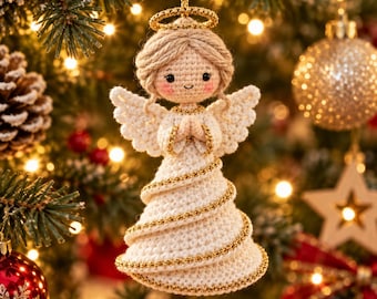 May include: A crocheted angel ornament featuring a cream-colored yarn body with a spiral gold trim, a matching halo, and light brown yarn hair. The figure has a small smile, pink cheeks, and hands pressed together in a prayer position.