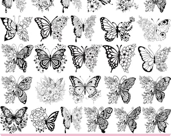 May include: A collection of black and white butterfly illustrations, each with unique wing patterns and floral accents. The image includes the text "FLORAL BUTTERFLY SVG" with file format options.