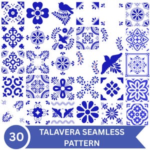 May include: A collection of 30 blue and white Talavera seamless patterns featuring various floral, geometric, and bird motifs arranged in a grid. The bottom banner displays the text 30 TALAVERA SEAMLESS PATTERN in white on a blue background.