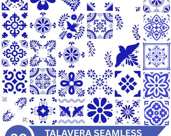 May include: A collection of 30 blue and white Talavera seamless patterns featuring various floral, geometric, and bird motifs arranged in a grid. The bottom banner displays the text 30 TALAVERA SEAMLESS PATTERN in white on a blue background.