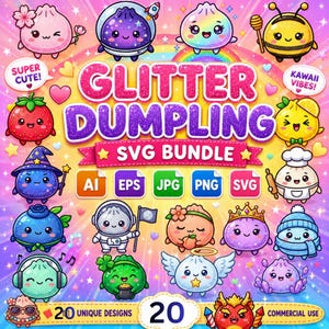 Glitter Dumpling SVG Bundle, Kawaii Characters, Sparkly Food Clipart (Digital Download)