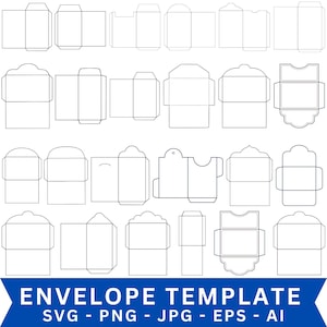Op de afbeelding: Een verzameling envelopsjablonen in verschillende vormen en maten, zwart omlijnd op een witte achtergrond. De afbeelding bevat de tekst "ENVELOPE TEMPLATE" in wit op een blauwe banner, samen met bestandstype-afkortingen.