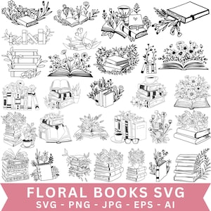 Peut inclure: Illustrations en noir et blanc de livres et d'arrangements floraux. L'image présente diverses représentations de livres, certains ouverts, d'autres fermés, ornés de fleurs et de feuillages. Le texte "FLORAL BOOKS SVG" est en bas.