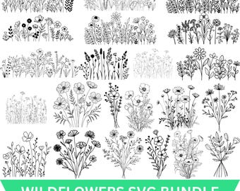 Lot de fleurs sauvages SVG, croquis floral, dessin botanique (téléchargement numérique)