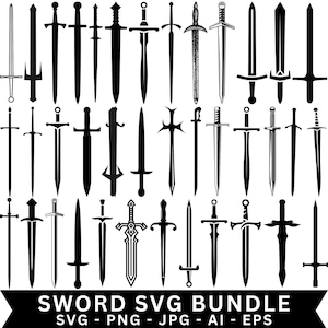 Puede incluir: Una colección de diseños de espadas en blanco y negro. La imagen presenta espadas de diferentes formas y tamaños, con empuñaduras y hojas detalladas. El texto "SWORD SVG BUNDLE" se muestra en la parte inferior, junto con abreviaturas de tipos de archivo.