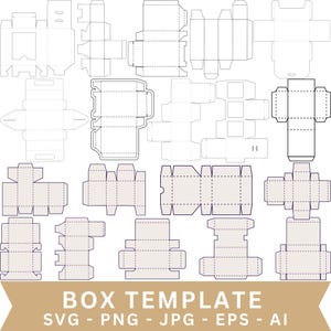 May include: A selection of box templates in different designs, arranged in a grid. The templates are a light beige colour with dashed lines showing folding points. The text "BOX TEMPLATE" is at the bottom, with file type options.