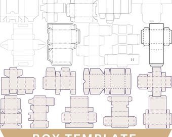 Puede incluir: Una colección de plantillas de cajas en varios diseños, dispuestas en una cuadrícula. Las plantillas son de color beige claro con líneas discontinuas que indican los puntos de plegado. El texto "BOX TEMPLATE" está en la parte inferior, junto con las opciones de tipo de archivo.
