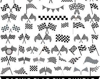 Könnte beinhalten: Eine Sammlung von schwarz-weiß karierten Rennflaggen in verschiedenen Designs. Enthält Flaggen an Stangen, gekreuzte Flaggen und ein Banner, alles im klassischen Rennsport-Thema. Der Text "RACING FLAG SVG BUNDLE" befindet sich unten.